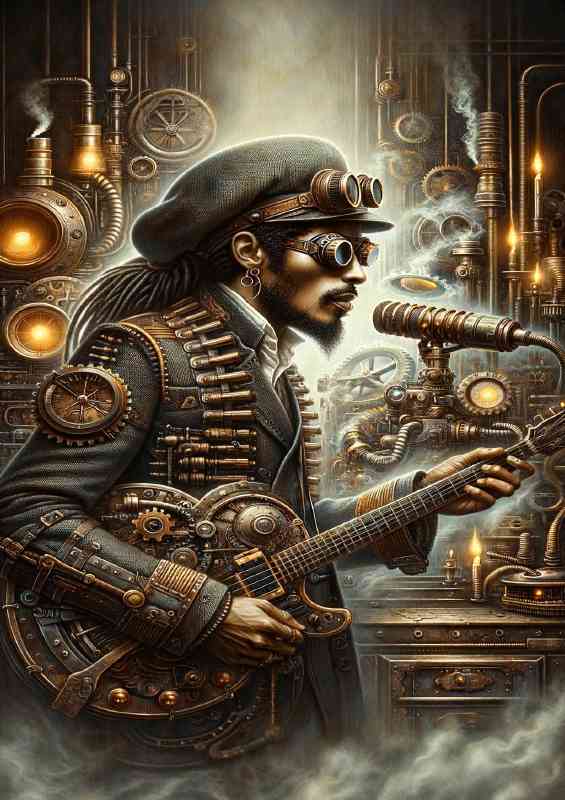 Steampunk painting of a musician inspired by Bob Marley