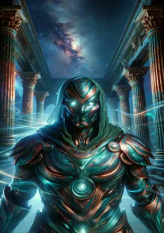 Ancient Warrior armor crafted in iridescent hues of teal and copper
