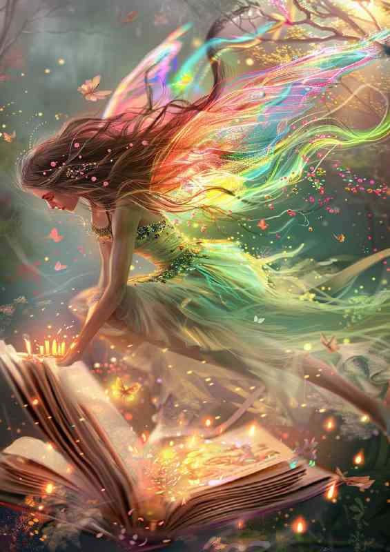 Beautiful Fairy is flying over an open book