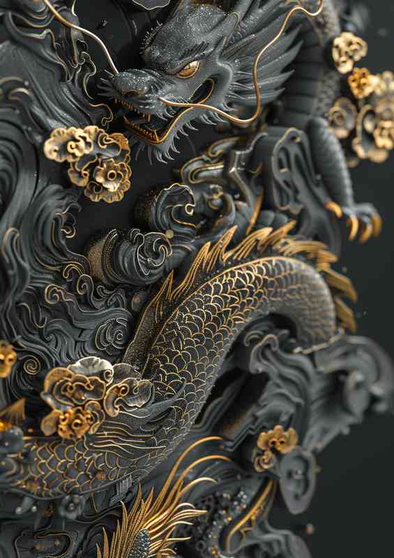 Black and gold design featuring the dragon over