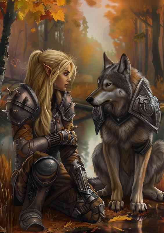 Blonde Elf girl in armor with strong Wolf