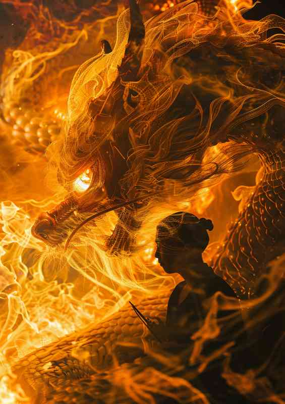 Buddhist a fire dragon with a man in fire