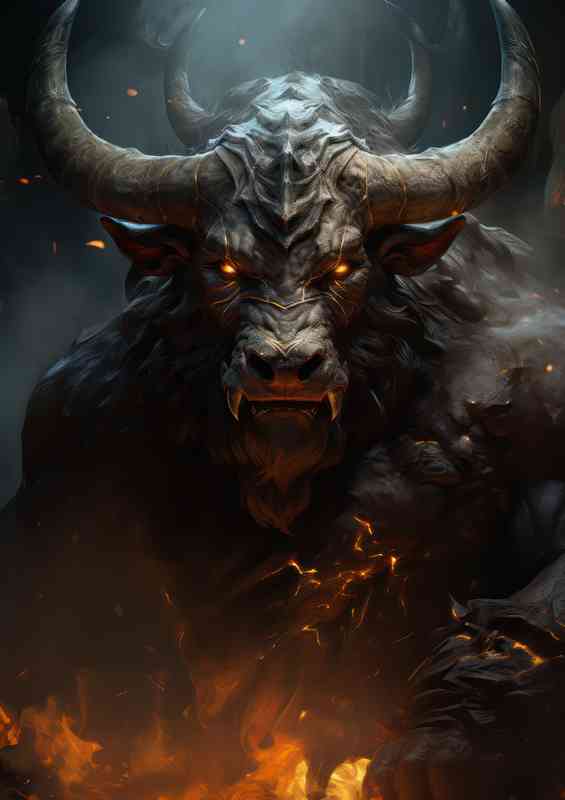 Bull in a fantasy battle in the style of realistic