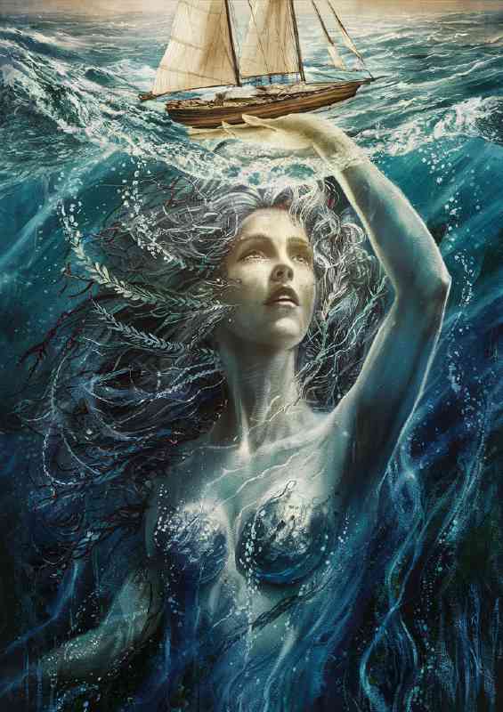 Captivating mairmaid protecting the sailing boat