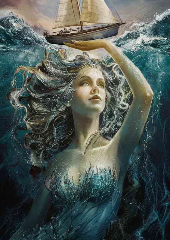 Captivating mermaid protecting the boat in the rough sea