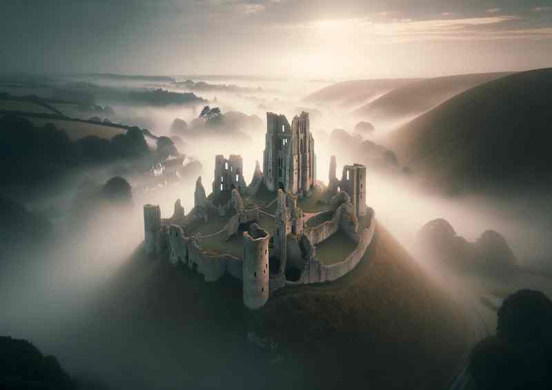 Corfe Castle Ruins Dorset Misty Dawn