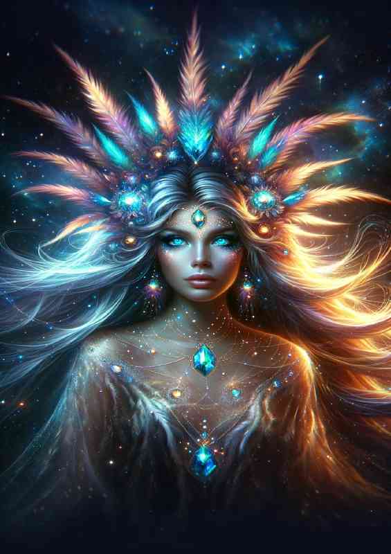 Celestial Woman adorned with cosmic feathers and glowing crystals