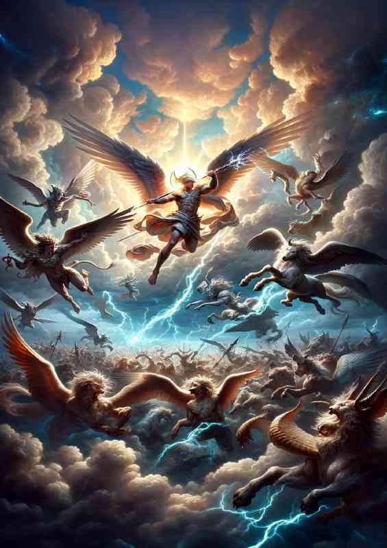 Celestial battle among mythical creatures in the heavens