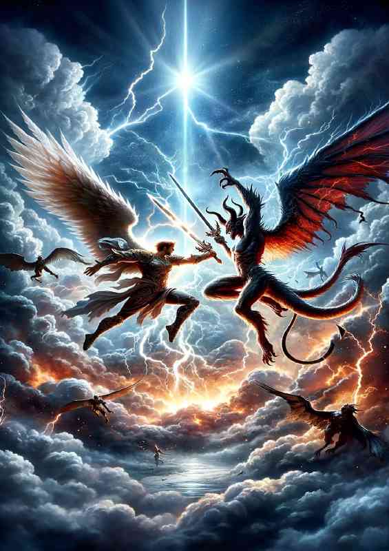Celestial battle in the heavens featuring a hero