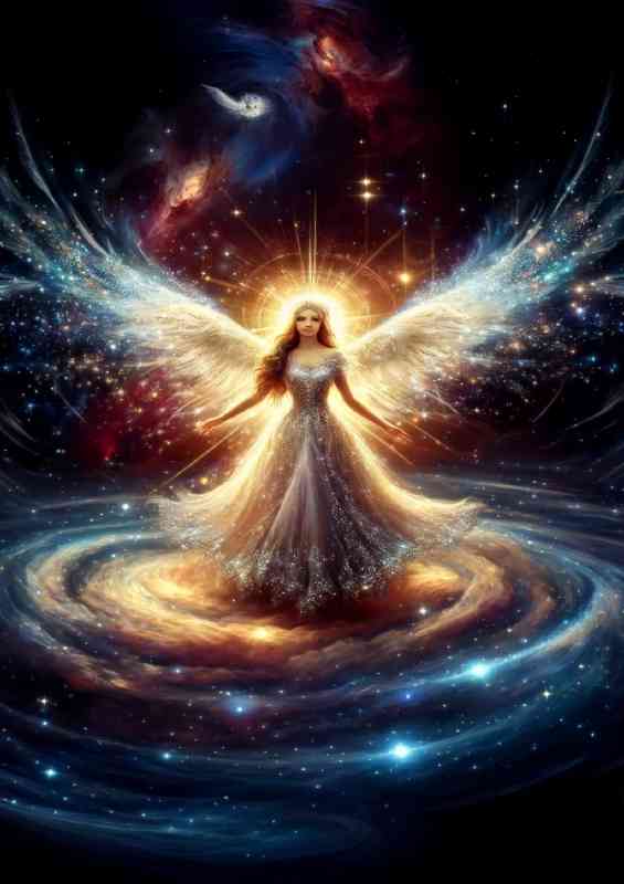 Celestial her wings glowing brightly over a cosmic landscape