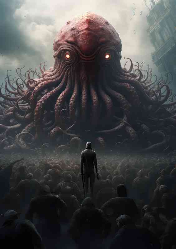 Coiled tentacle Krakken is_standing in an army of soldiers