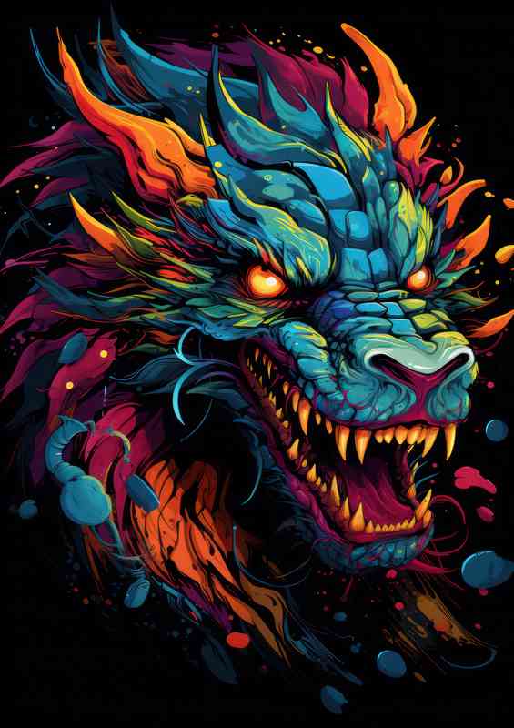 Colorful dragon head on black