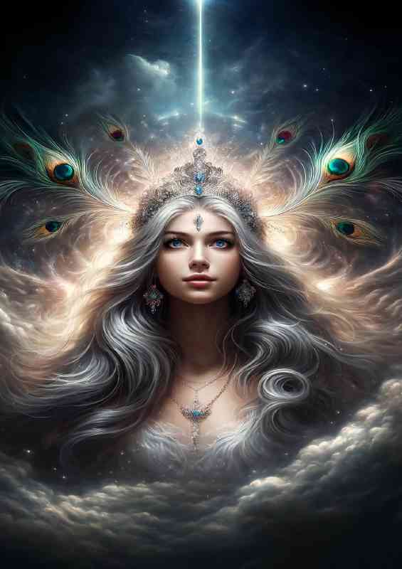 Divine goddess with long wavy silver hair radiant crown