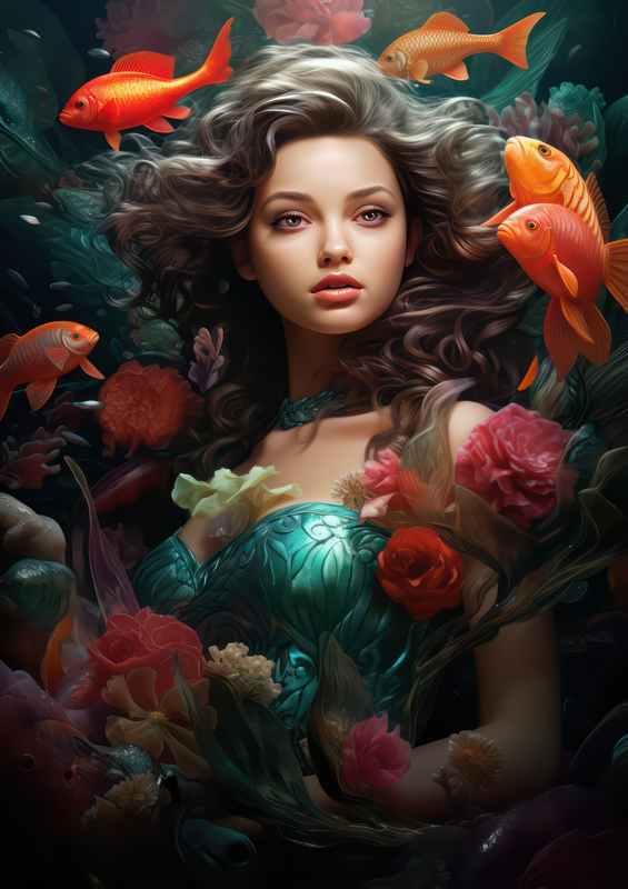 Princess in the pool with corals and fish