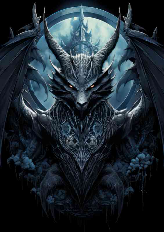 Dragon flying near the moon with pentacle