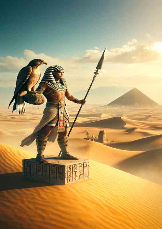 Egyptian warrior with a majestic falcon standing atop a dune