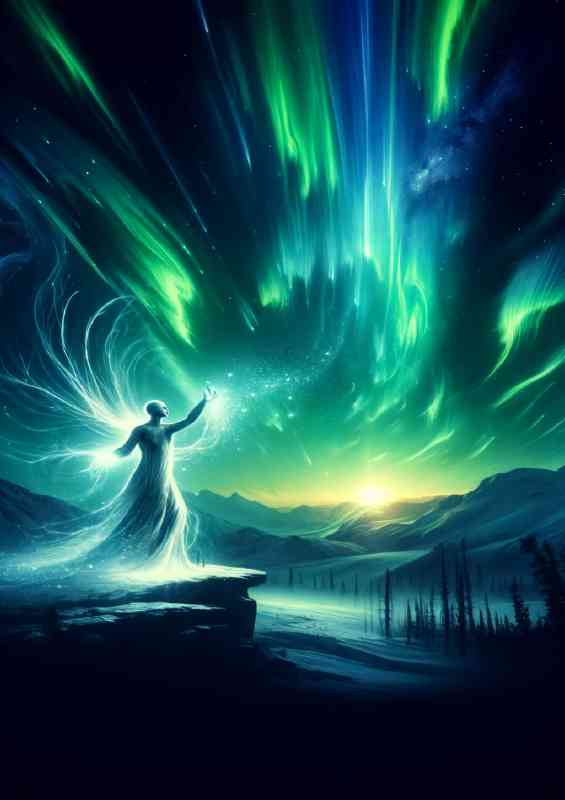 Ethereal figure interacting with the aurora borealis