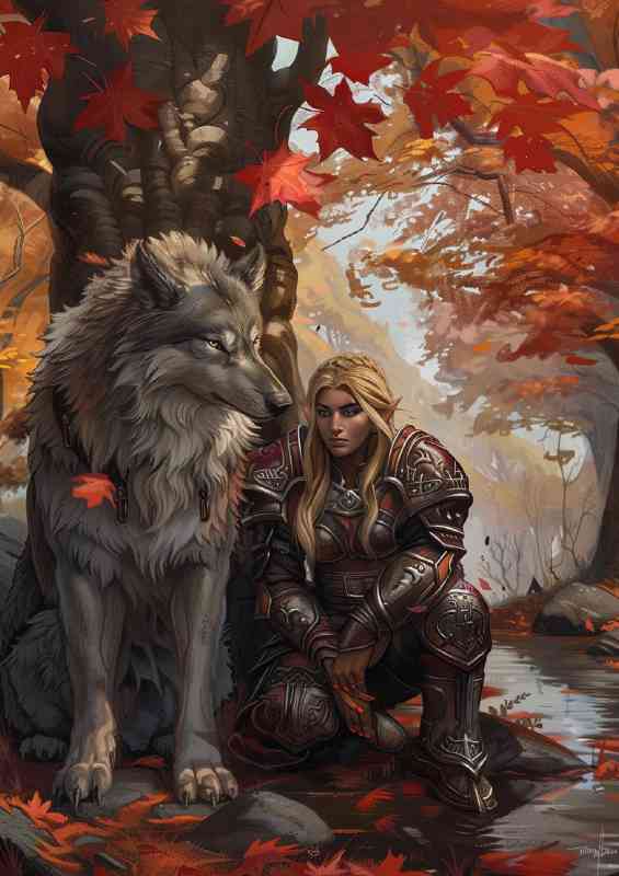 Female Elf In armor beside Wolf