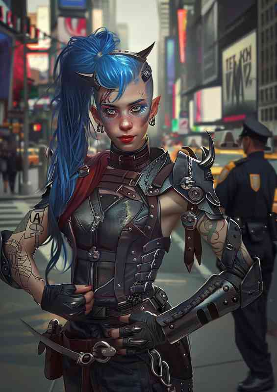 Female Tiefling with blue hair and tattoos