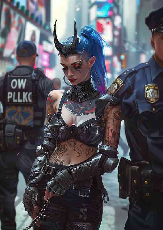 Female Tiefling with blue hair and tattoos wearing leather