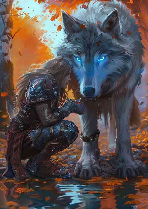 Female Warrior in armor and giant Wolf