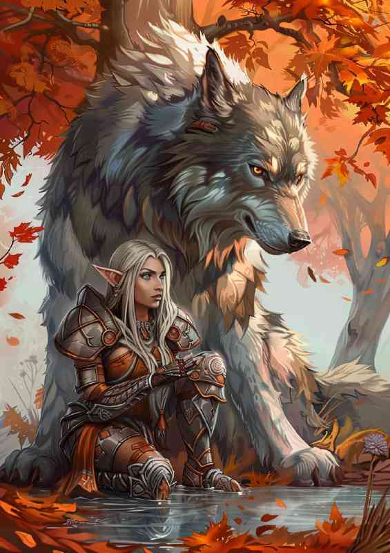 Female elf in armor kneeling beside an enormous Wolf