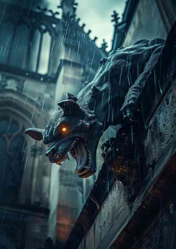 Gargoyle statue on the side of a building glowing eyes