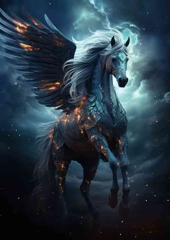 Horse flying with wings in the black starry sky