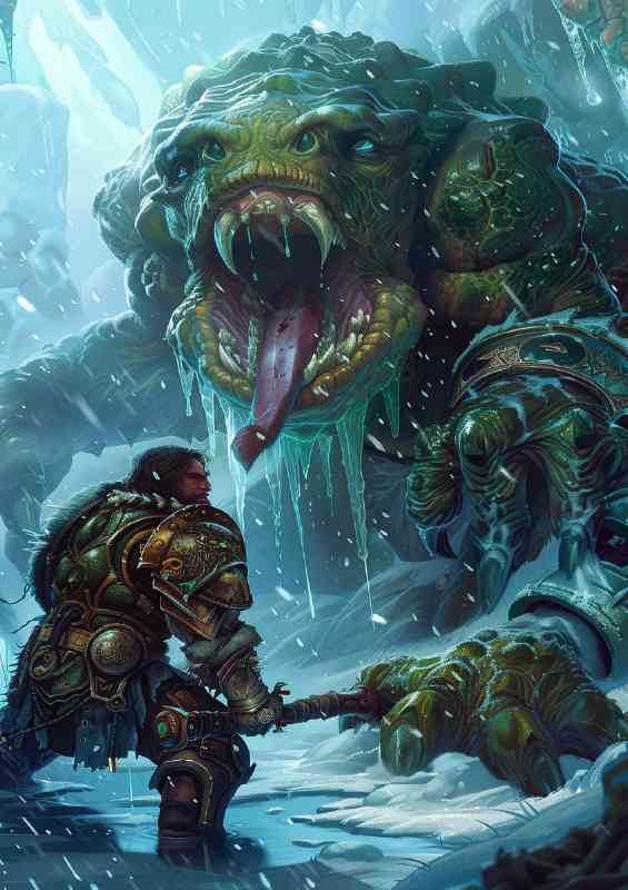 Human Warrior in front of giant frog