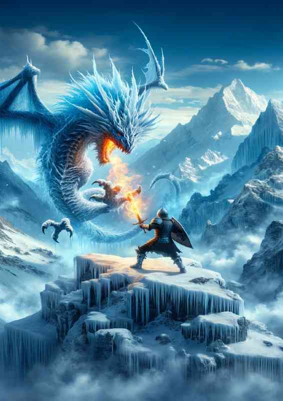 Knight dueling with an ice dragon atop a snowy mountain peak