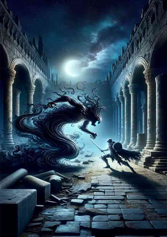 Knight fighting a shadow creature in an ancient ruined city at night