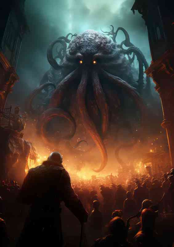 Kraken octopus fire in front of people
