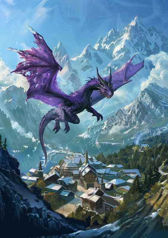 Large purple Dragon flying over the local village