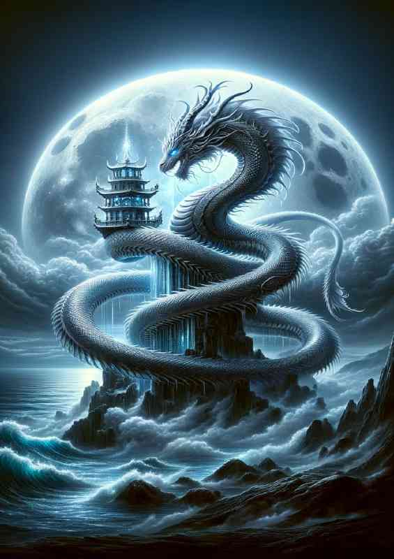 Majestic silver Dragon its scales shimmering under a full moon