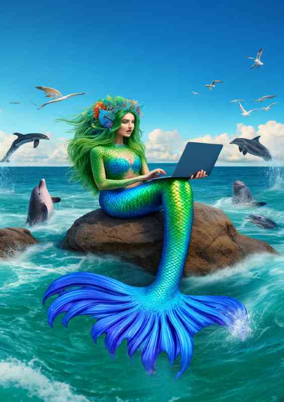 Mermaid humorously shopping online on a laptop