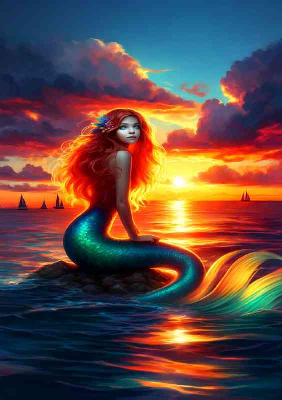 Mermaid with fiery red hair and a deep emerald tail