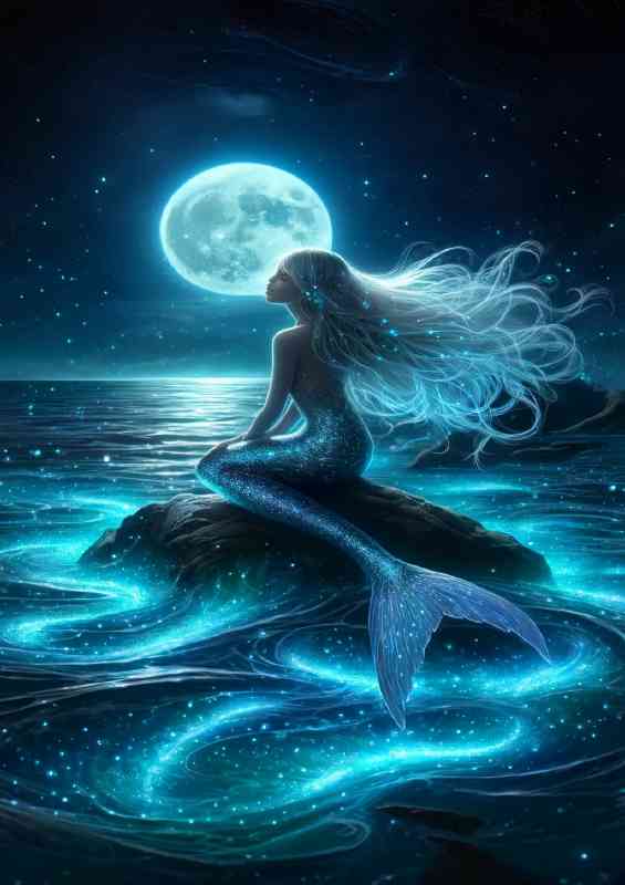 Mermaid with flowing silver hair perched on a moonlit rock