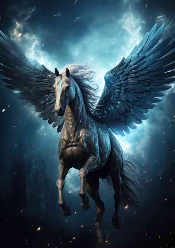 Mystical horse flying in the night sky