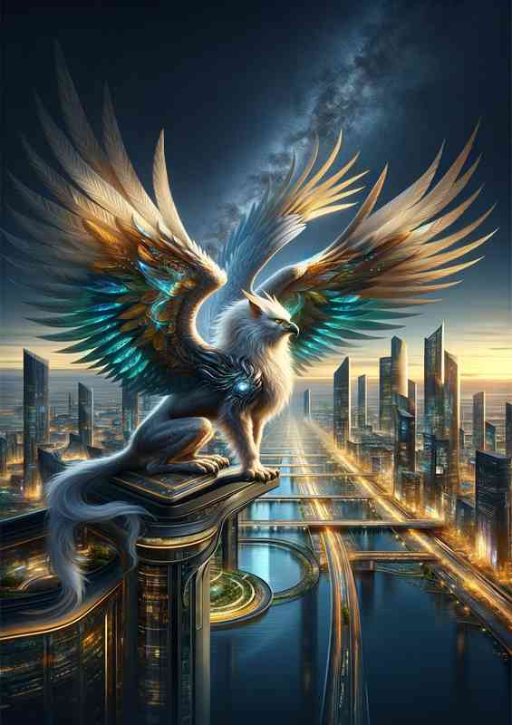 Mythical griffin perched on a futuristic skyscraper