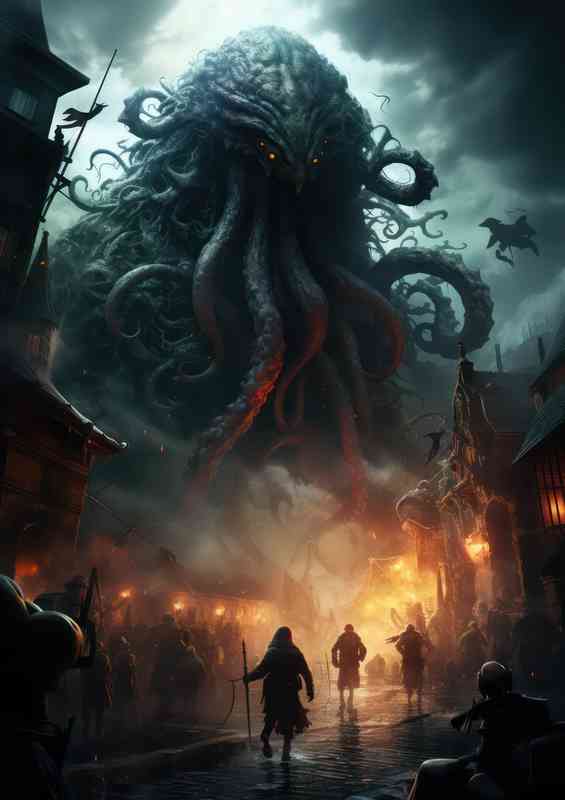 Octopus Kraken in the village of people