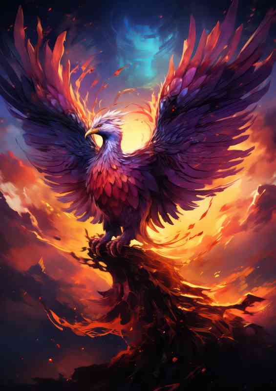 Phoenix bird and glowing colours in the sky