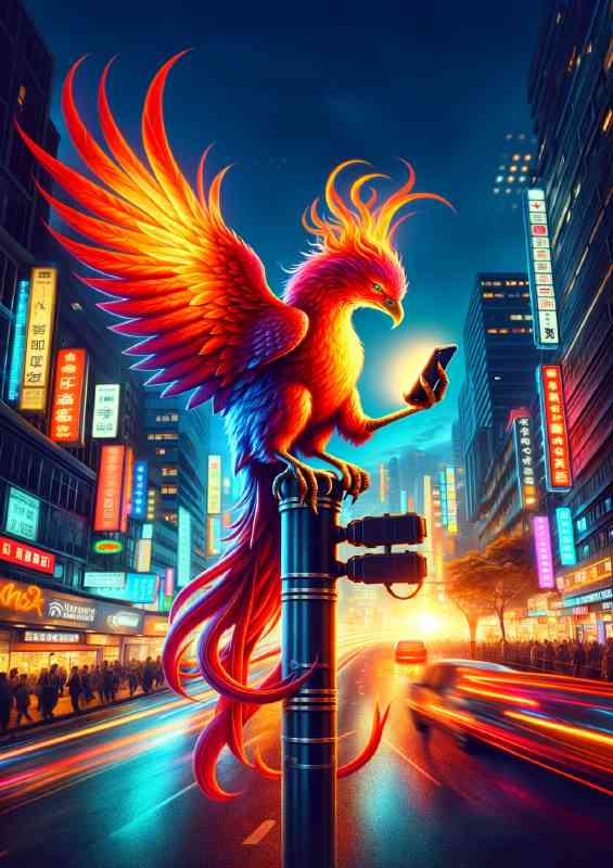 Phoenix brilliantly colored using a smartphone while perched on a busy city