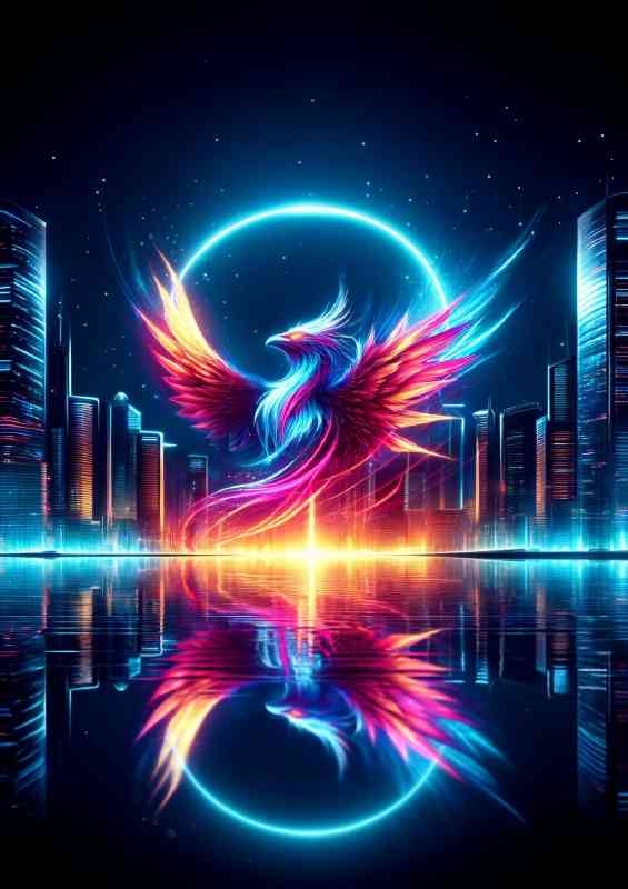Phoenix in a cybernetic bathed in the light of a neon crescent