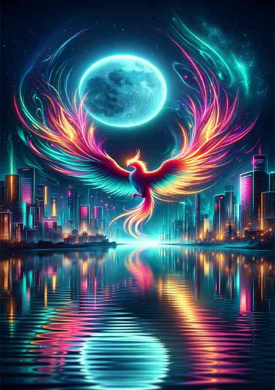Phoenix in neon colors circling above a futuristic city