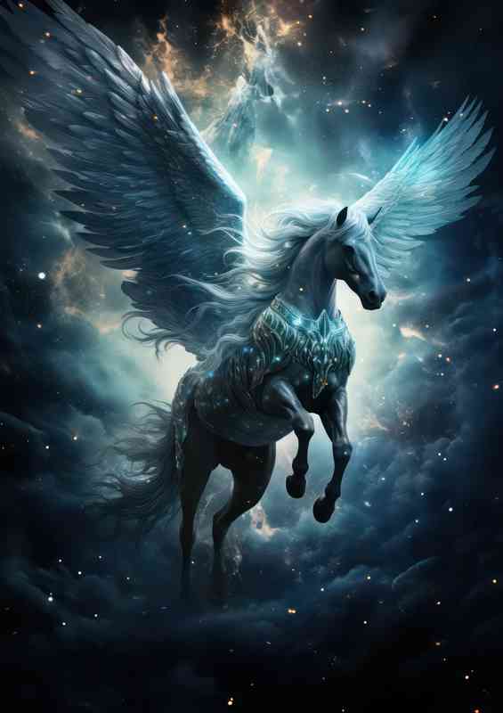Pony flying with wings in the black starry sky