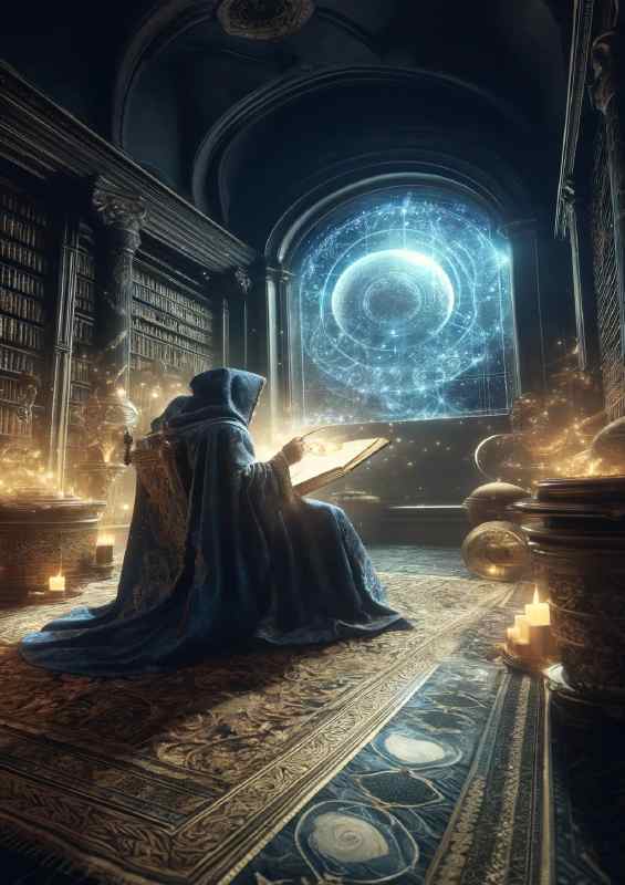 Scribe robed in midnight blue and holding a glowing scroll