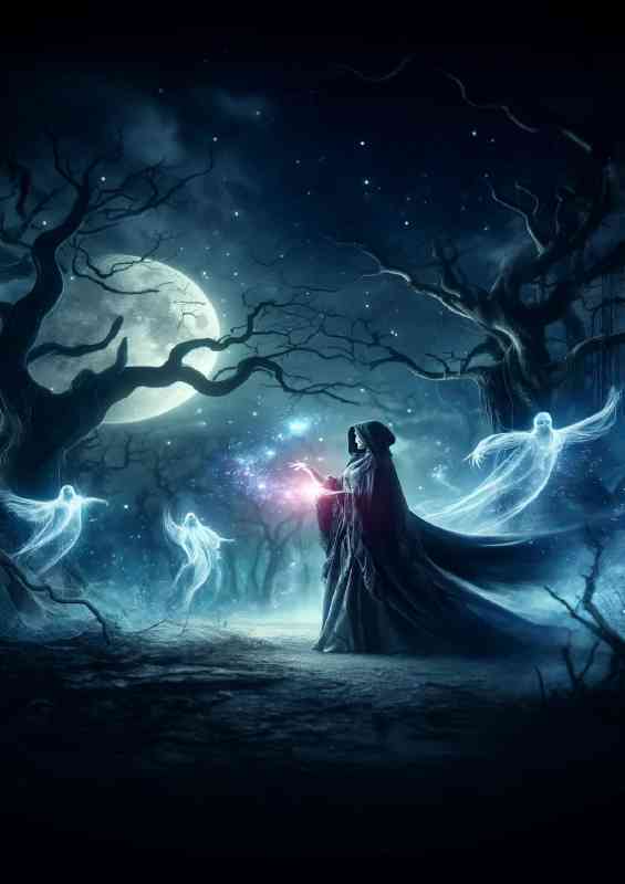 Sorceress in a moonlit grove her cloak billowing