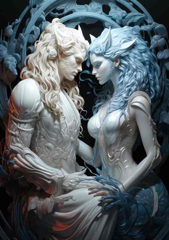 Two white wolf people in love