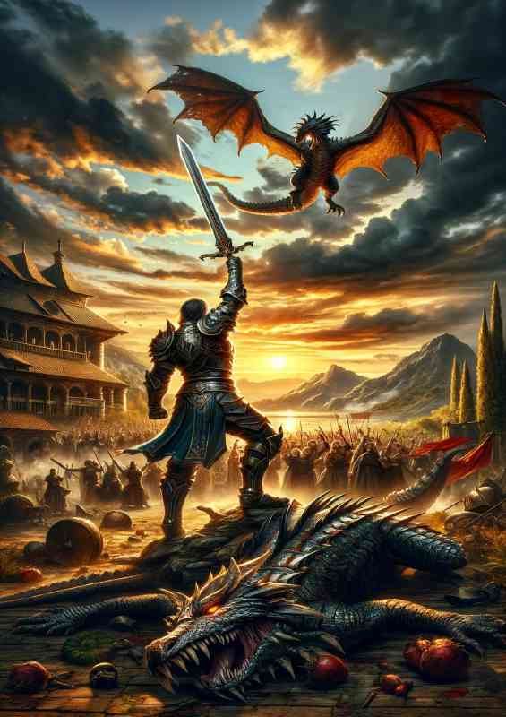 Warrior standing victorious over a slain dragon with a crowd