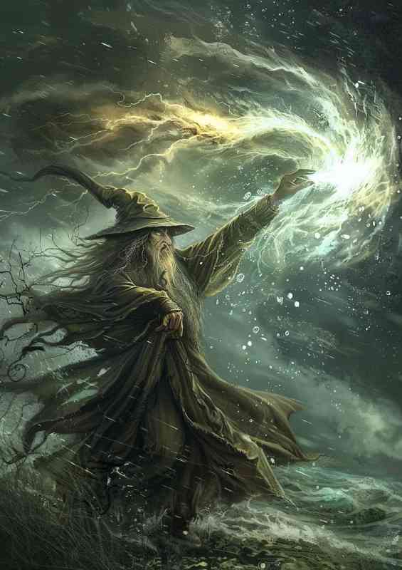 Wizard casting the spell of a wind tornado in the sea